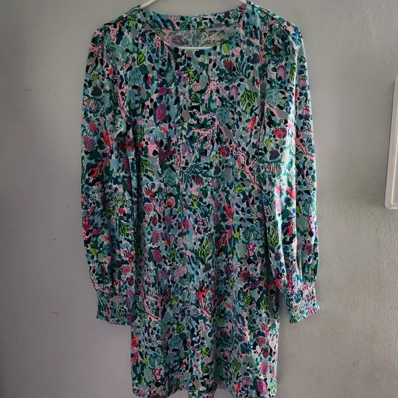 Lilly Pulitzer Diann Long Sleeve Mini Dress Smocked Printed Cotton S - Picture 2 of 8